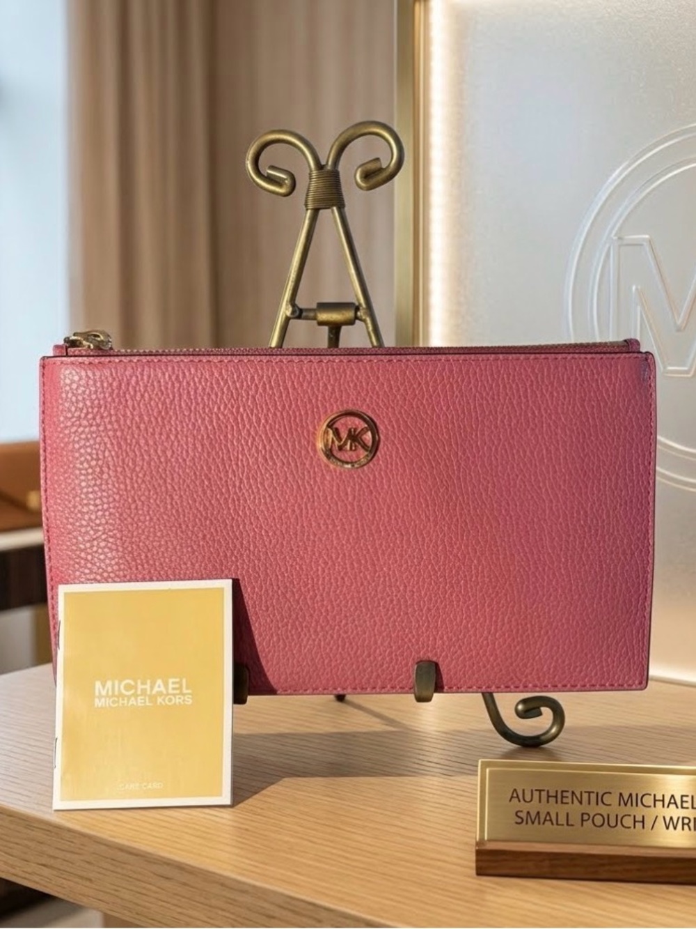 Michael Kors Rose Pink Pebbled Leather Zip Pouch NWT (with strap)